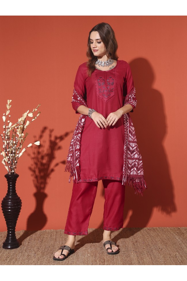 Magic Cotton Embroidered Maroon Kurta Set