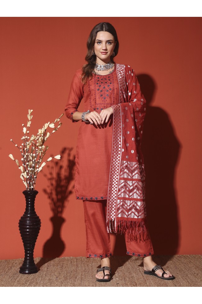 Magic Cotton Embroidered Orange Kurta Set