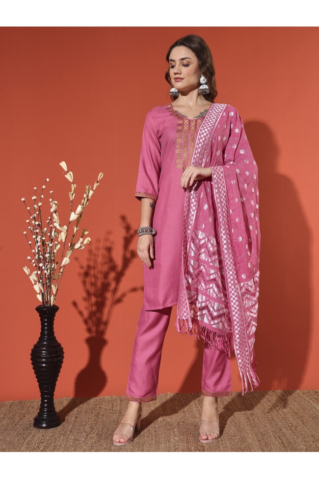 Magic Cotton Embroidered pink Kurta Set