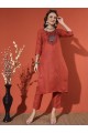 Magic Cotton Embroidered Rust Kurta Set