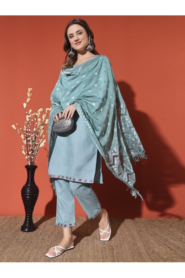 Magic Cotton Embroidered Sea Green Kurta Set