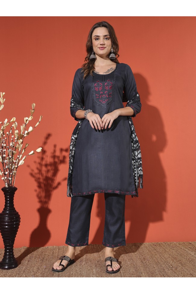 Magic Cotton Embroidered Grey Kurta Set