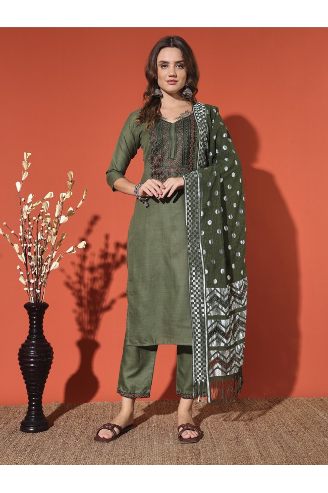 Magic Cotton Embroidered Mahendi Kurta Set