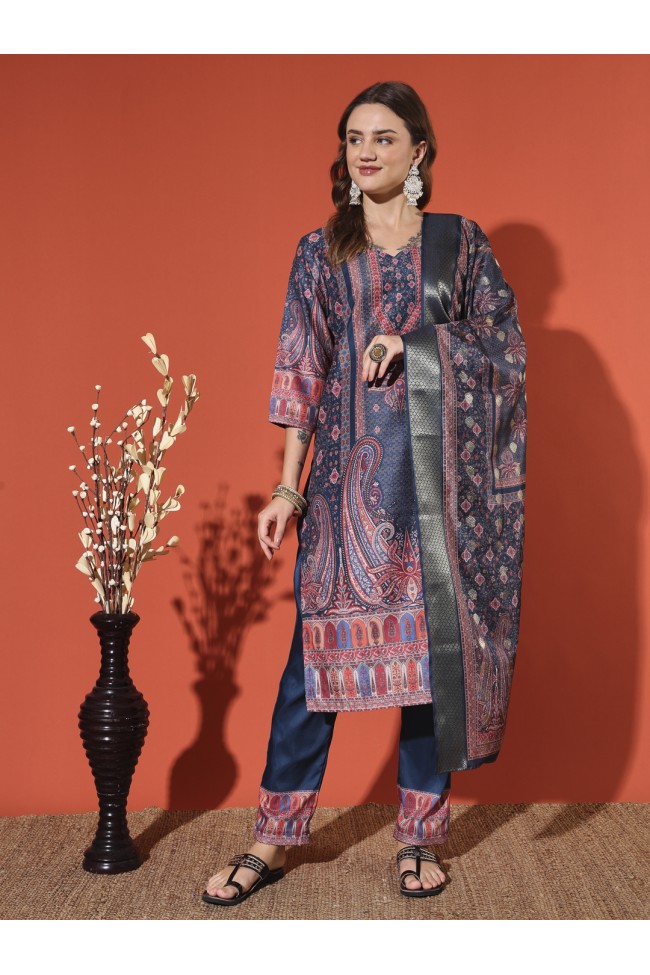 Dark Blue Printed Muslin Kurta Set