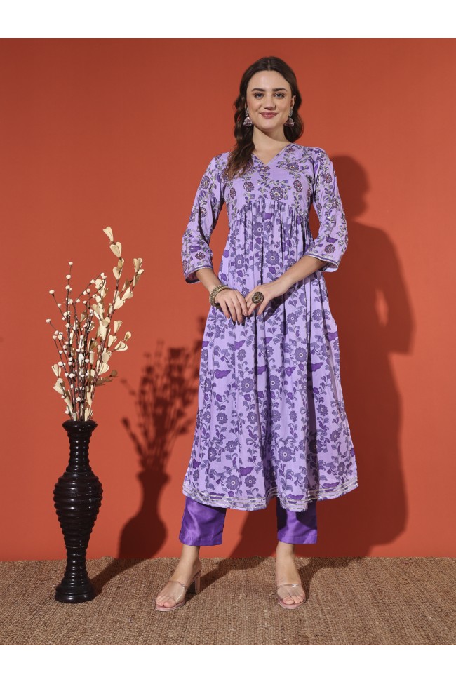 Wine-Colored Digital Print Muslin Kurta Set