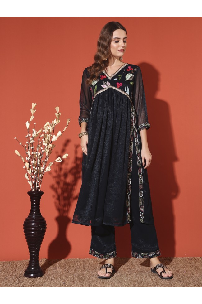 Black Embroidered Shimmer Anarkali Kurta Set