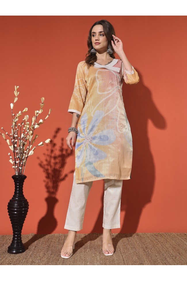 Peach-Colored Embroidered Shimmer Kurta Set (Top & Bottom)