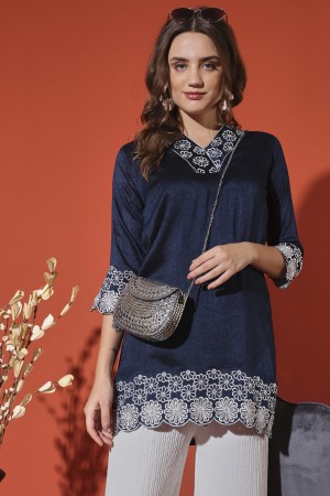 Blue Embroidered Silk Blend Kurta