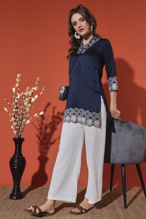 Blue Embroidered Silk Blend Kurta