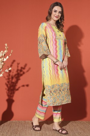 Yellow Digital Print Muslin Kurta Set
