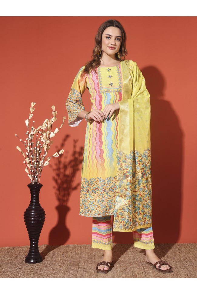 Yellow Digital Print Muslin Kurta Set