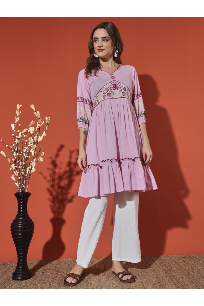 Pink Embroidered Pure Cotton Kurta