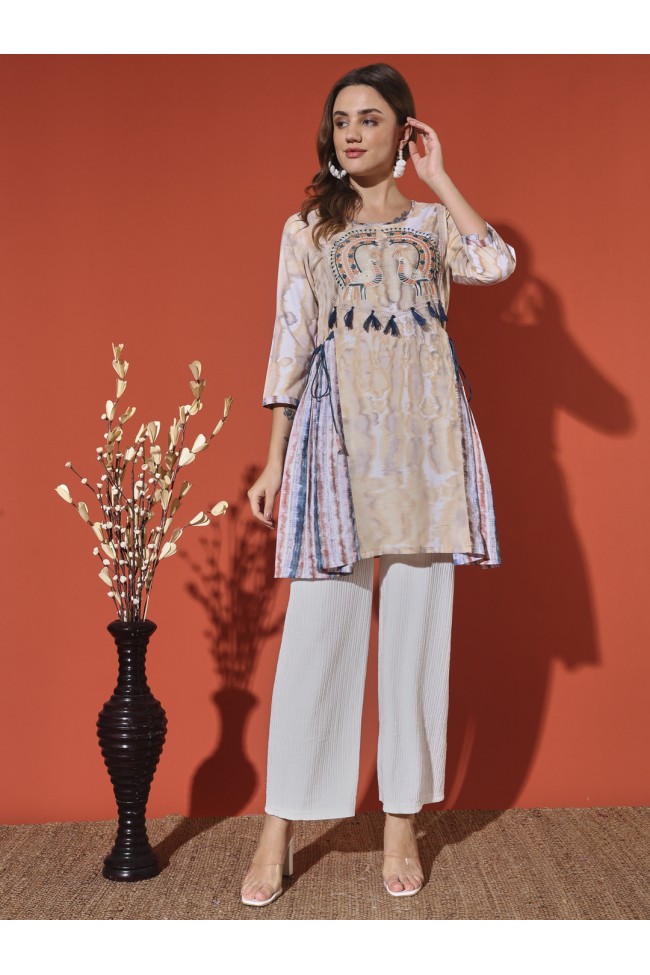 Chikoo-Colored Embroidered & Digital Print Rayon Tunic